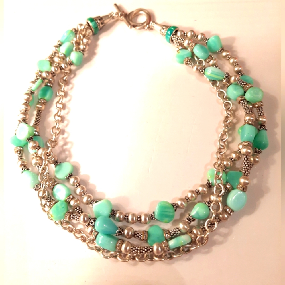 Sterling Silver Multilayer Neclase With Mix Sterling Silver Bids And Blue Stones
